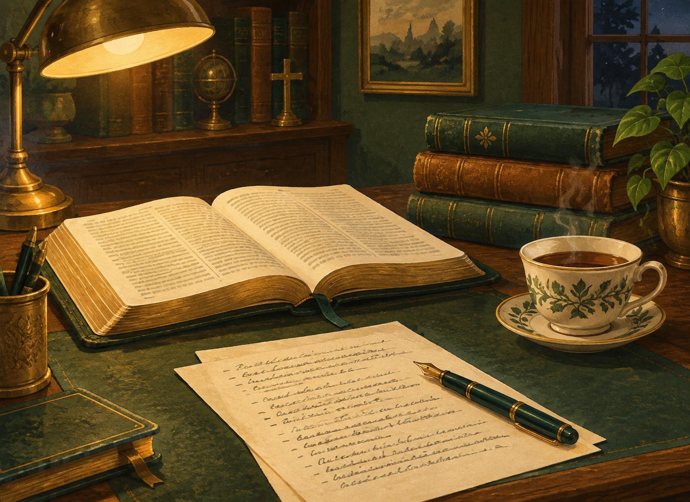 A pastor's study desk by lamplight — an open Bible, handwritten notes and a cup of tea