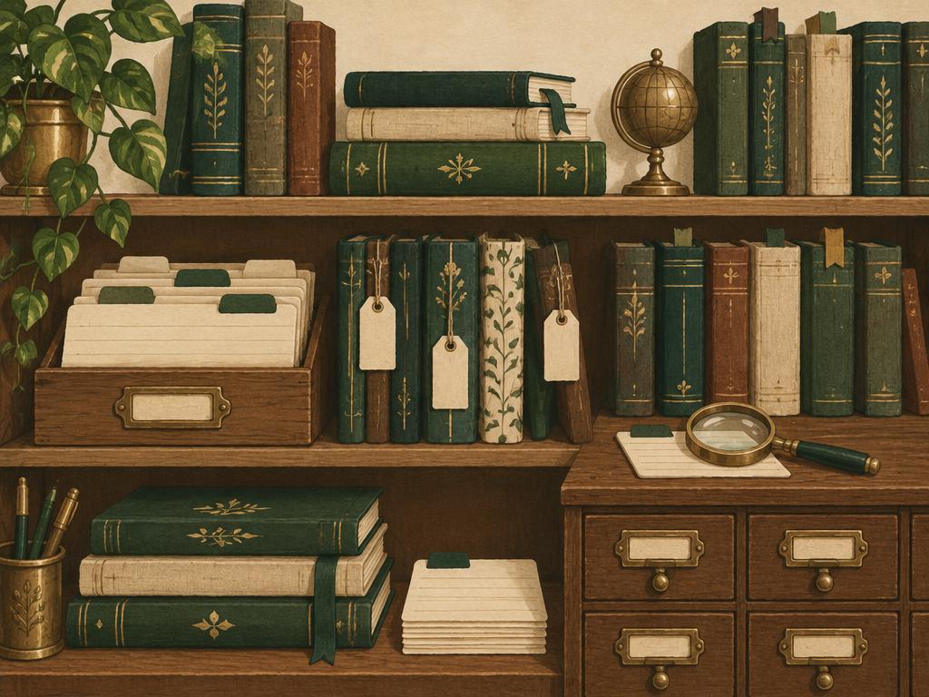 A study shelf of tagged journals and a card catalog